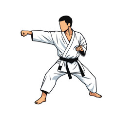 Faceless male karateka with a black belt in a white gi performing a punching stance.