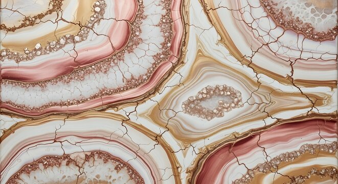 Abstract Agate-Inspired Art: Pink, Gold, and White with Crackled Texture