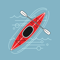 Top-down aerial view of a red kayak with a paddle on stylized blue water.