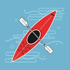 Top-down view of a red kayak with a double-bladed paddle, a flat vector illustration for water sports.