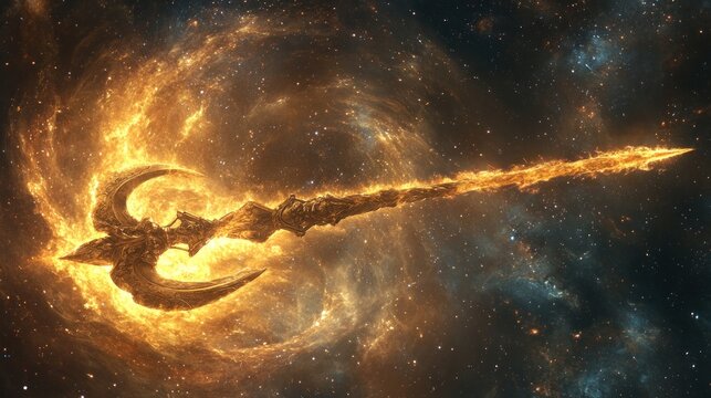 Trident (Trishula) of Shiva, prongs forged from celestial metal, tips glowing with cosmic fire, set against a backdrop of a swirling galaxy