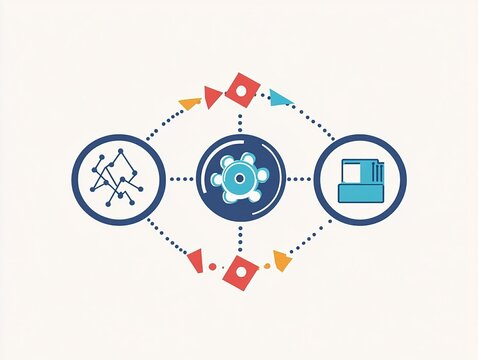 A minimalist infographic illustrates the basic machine learning cycle, featuring three unique stages, using simple icons to represent data input, analytical models, and final output generation.
