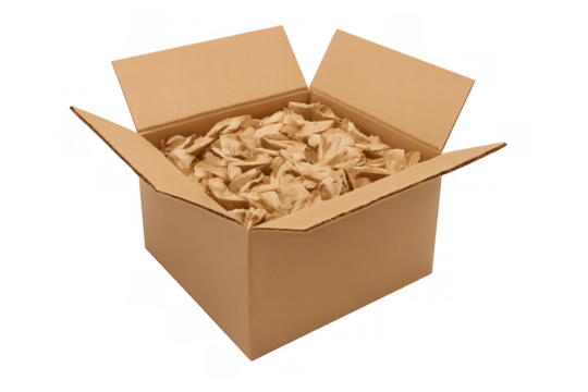 Open cardboard box filled with brown crumbled packing paper, representing delivery, shipping, moving, and ecommerce packaging
