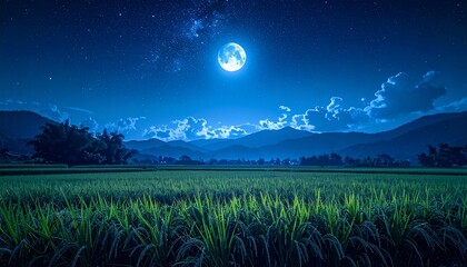 Rice Panicles Under Moonlight in a Silent Night Field