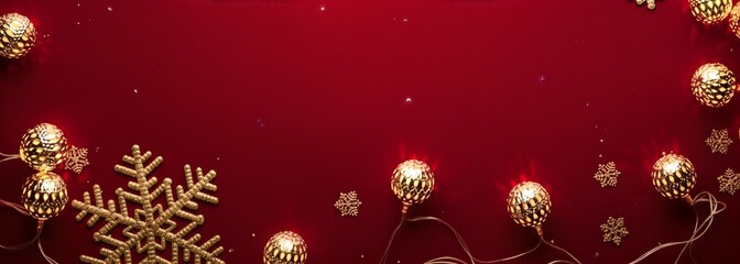 Golden Christmas Ornaments and Snowflakes on Red Background &ndash; Elegant Festive Holiday Frame
