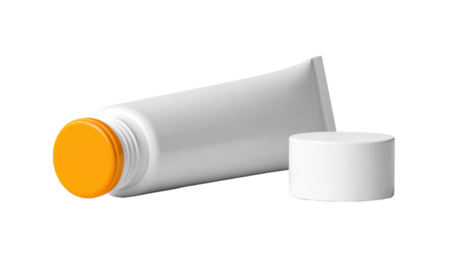 White squeeze tube with orange cap and separate cap isolated on transparent background