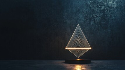 Levitating minimalist tree topper, geometric form made of pure light energy, against a dark textured wall, sharp focus