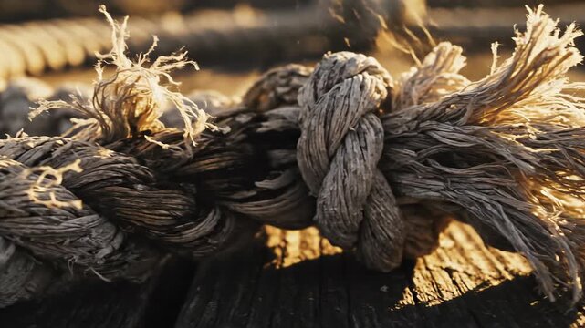 Detailed close-up of a weathered, knotted rope illuminated by warm, golden sunlight
