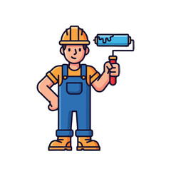 Cartoon painter man wearing hard hat and overalls, holding paint roller with blue paint