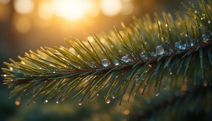 Pine needles glistening with water droplets in the warm morning sunlight create a peaceful scene