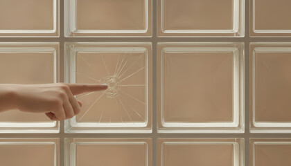 Hand gently touches cracked glass block wall, highlighting delicate balance between beauty