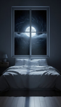 Serene bedroom scene features large window showcasing starry night sky with bright moon shining