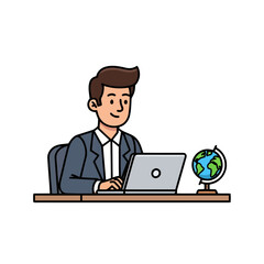 Cartoon man in suit sitting at desk and working on laptop, with small globe on stand to the side
