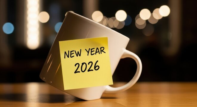 A white mug with a yellow sticky note that says new year 2026 is on a wooden table with blurred lights in the background, creating a cozy atmosphere