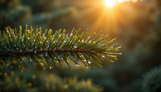 Pine branch glistens with morning dew under the warm sunlight in a serene nature setting outdoors - Powered by Adobe