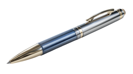 Elegant silver and blue patterned pen isolated on transparent background