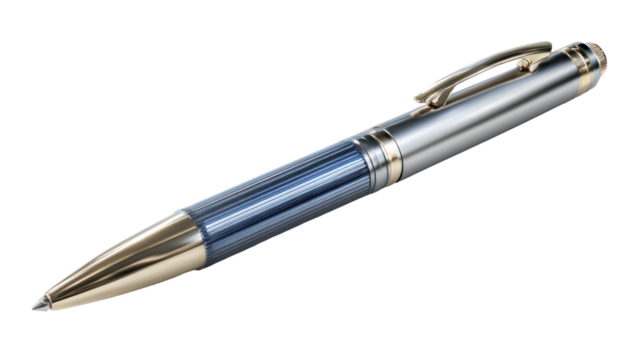 Elegant silver and blue patterned pen isolated on transparent background