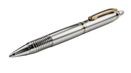 Elegant silver pen with gold clip isolated on transparent background