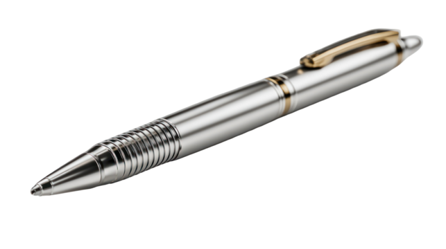 Elegant silver pen with gold clip isolated on transparent background