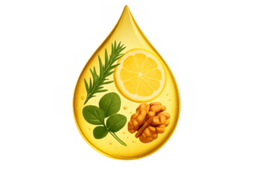 Golden oil drop containing natural ingredients like lemon, rosemary, spinach, and walnut, illustrating healthy cooking concept