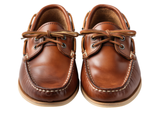 Pair tan leather boat shoes, front view, brown laces tied