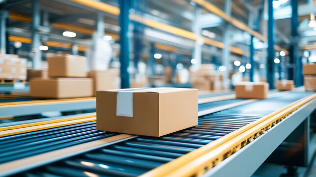 Cardboard box traveling on an automated roller conveyor system inside a large logistics warehouse, ready for shipping