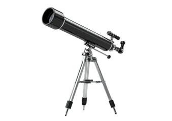 Black telescope on a silver tripod on a black background