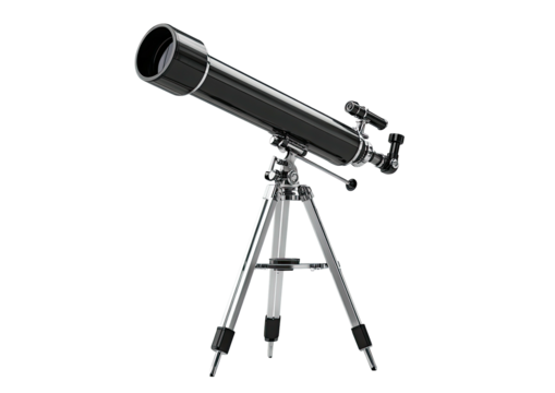 Black telescope on a silver tripod on a black background - Powered by Adobe