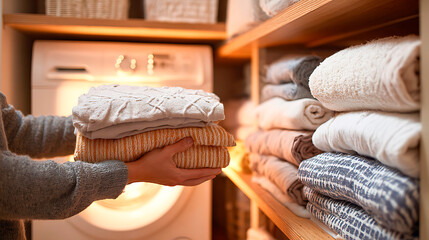 Hands arranging a stack of soft, freshly washed and folded laundry in a cozy closet space, promoting home care and comfort