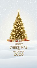 Obraz premium Golden Christmas tree decorated with white lights and ornaments surrounded by wrapped gifts snow falling in the background festive holiday season new year celebration 2026