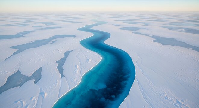 Aerial view of a meltwater river on the Greenland ice sheet a natural phenomenon of climate change showing the effects of global warming