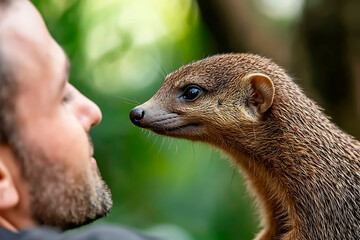 Mongoose looking at a man, capturing a close interaction and unusual animal human connection in a natural setting