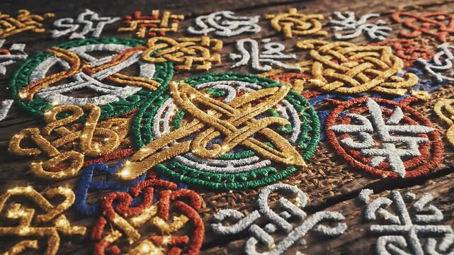 Detailed Intricate Threaded Knot Patterns Embroidery on Rustic Wooden Surface