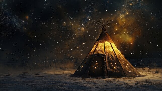 Sami Lavvu (Tent) - Reindeer Hide & Starlight: A traditional Sami lavvu, conical tent structure made of reindeer hide that seems to have constellations subtly embedded in it