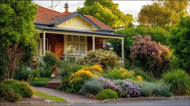 veranda. Charming suburban home with a veranda surrounded by native plants, bathed in soft afternoon light. real-estate listings.