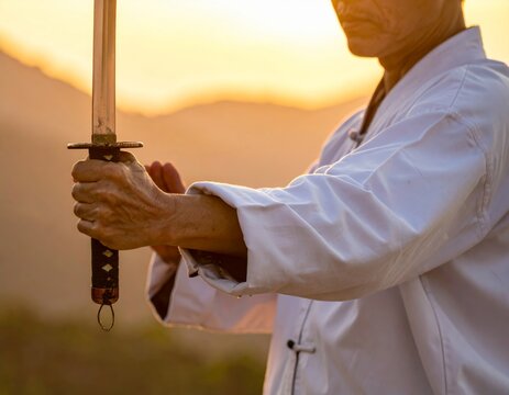 Man holding katana sword training martial arts at sunset - Powered by Adobe