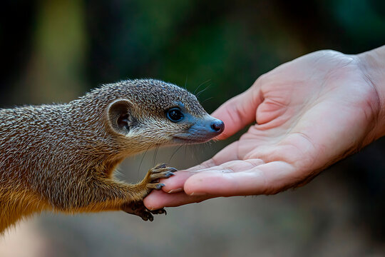 Mongoose taking food from a human hand, establishing a bond and showing tamed animal behavior. Trust built between species