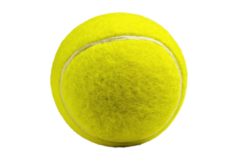 Fuzzy yellow tennis ball with white seams against black background