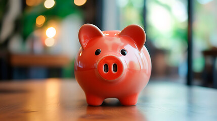 Red piggy bank on wooden table representing savings, investment and financial planning for wealth, budgeting, retirement and future goals