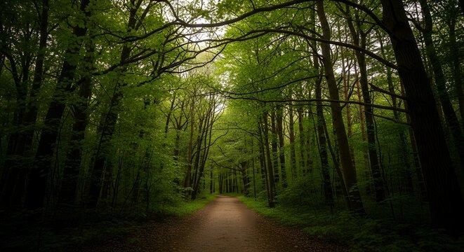 Lush green forest path a tranquil scene with tall trees perfect for nature backgrounds and travel inspiration