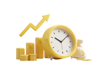 Golden time-investment. Clock, moneybags, arrow progress!