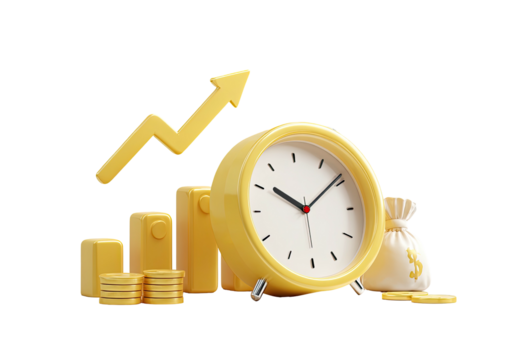 Golden time-investment. Clock, moneybags, arrow progress!