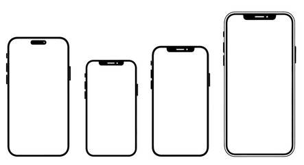 Four outline smartphones of varying sizes displaying blank white screens in a row