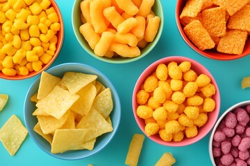 Assorted processed snacks, including chips, cheese puffs, and various corn-based treats, served in colorful bowls