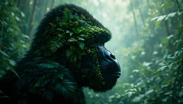 Muzzle of Gorilla Profile Silhouette with Leaves of Tropical Vegetation of Exotic Forests – Animal & Forest Environment Protection Concept