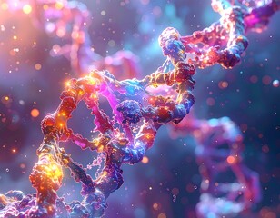 A close-up, artistic representation of a DNA double helix, glowing with vibrant colors and bokeh. Intricate details are highlighted