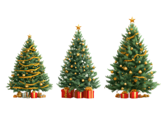 Three decorated Christmas trees with gifts