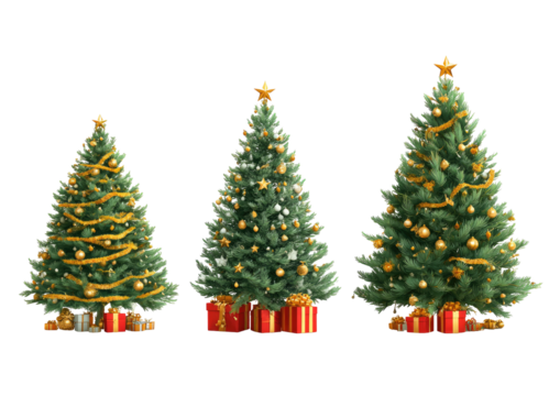 Three decorated Christmas trees with gifts