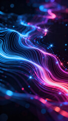 Fototapeta premium Smooth curves of blue and pink light undulate gracefully against a dark backdrop, filled with sparkling elements that create a mesmerizing visual effect