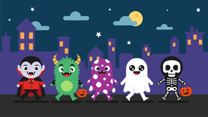 Cute Halloween Characters Trick-or-Treating under Moonlight Cityscape